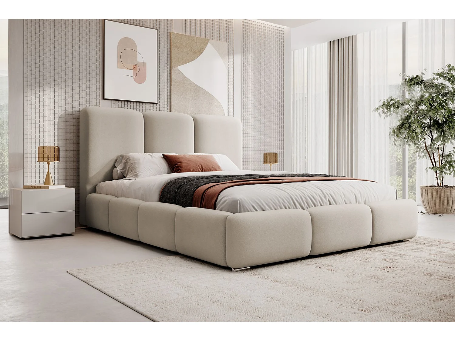 Lit coffre - 160x200 cm - en tissu velours gris beige - BAURO