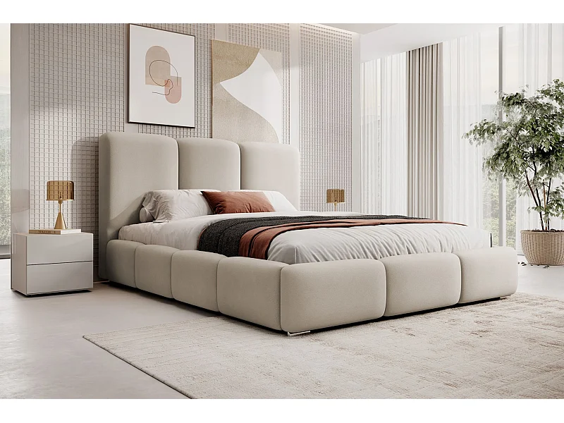 Lit coffre - 160x200 cm - en tissu velours gris beige - BAURO