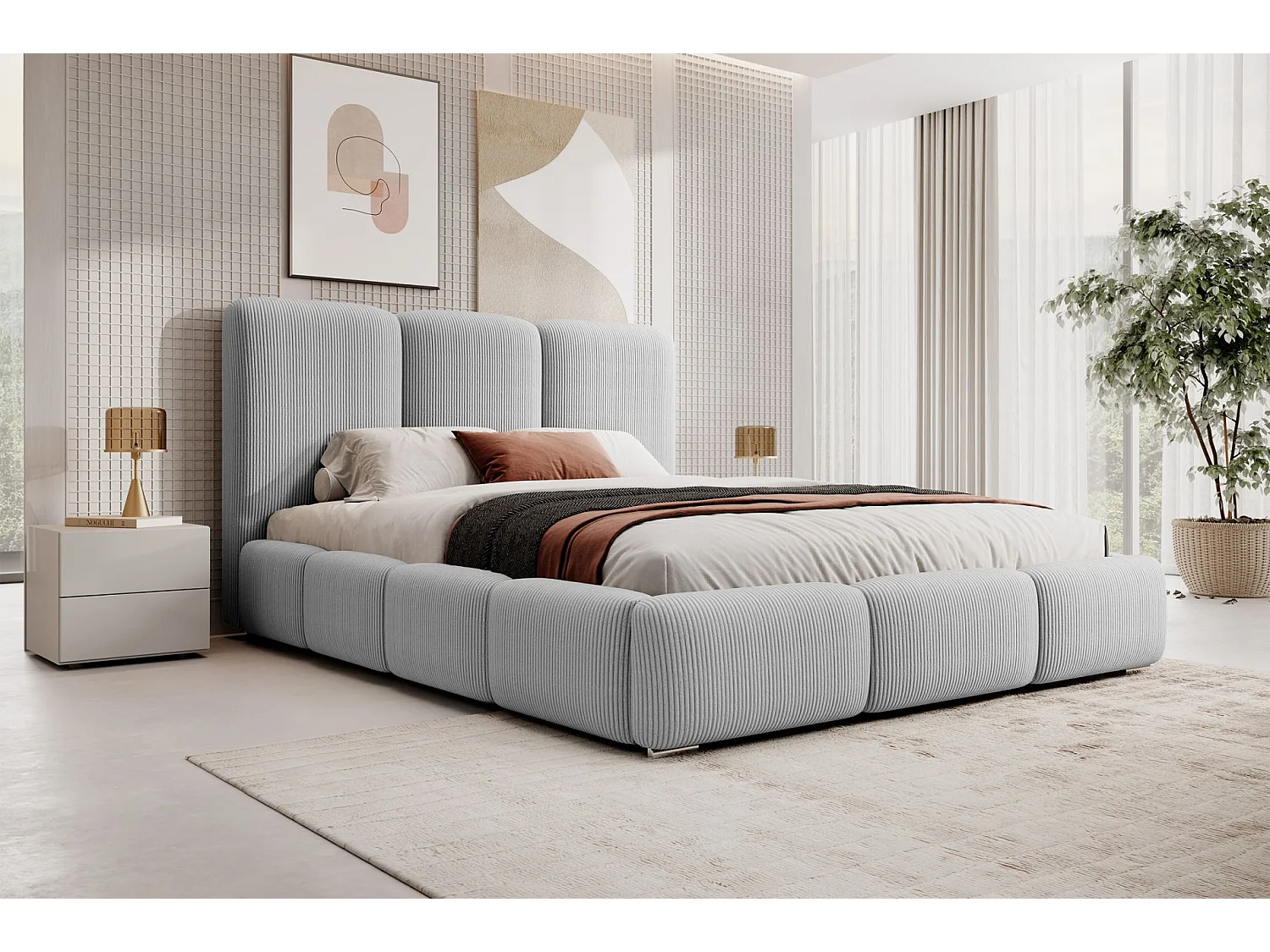 Lit coffre - 140x200 cm - en velours côtelé gris clair - BAURO