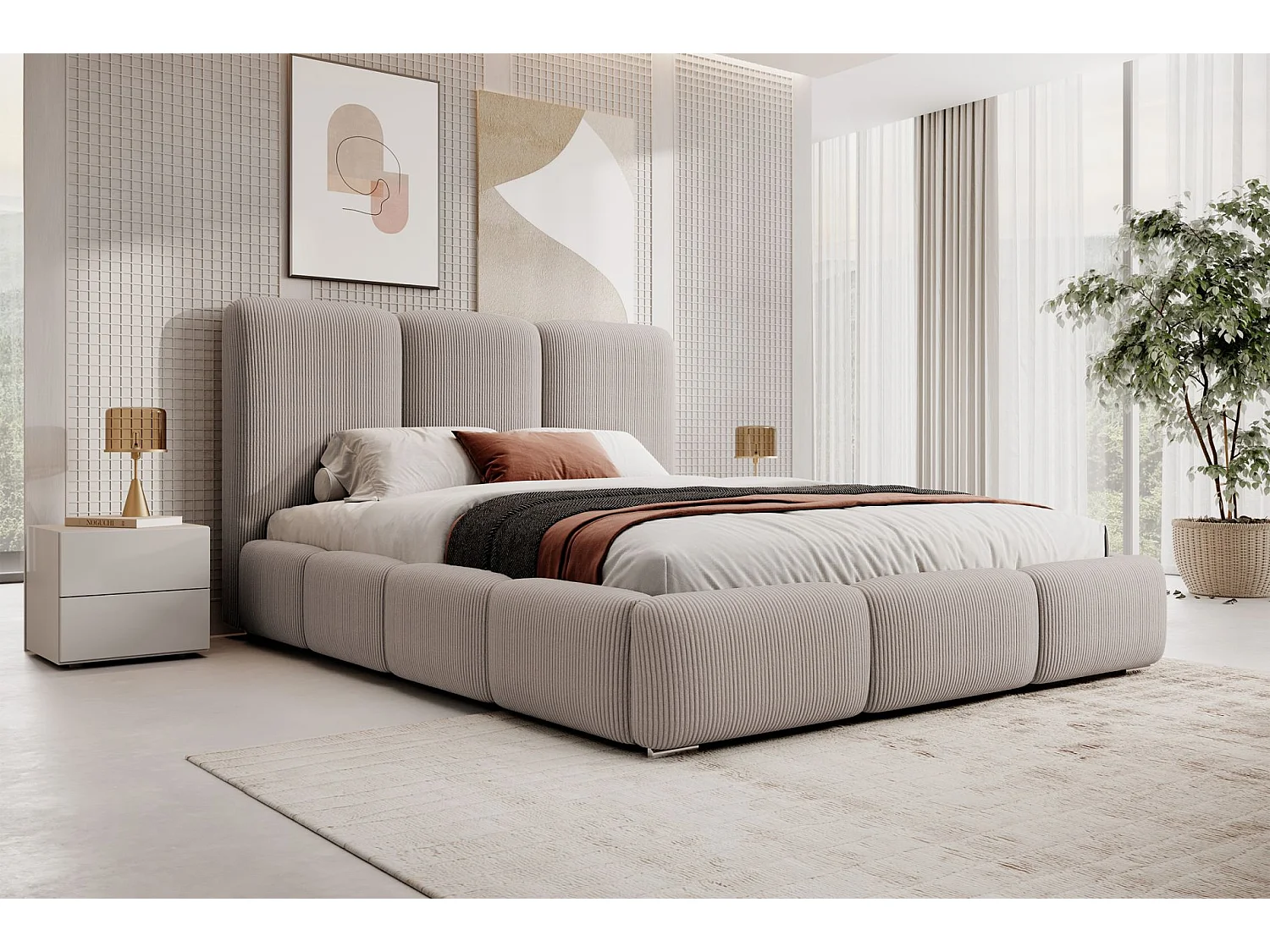 Lit coffre - 160x200 cm - en velours côtelé beige foncé - BAURO