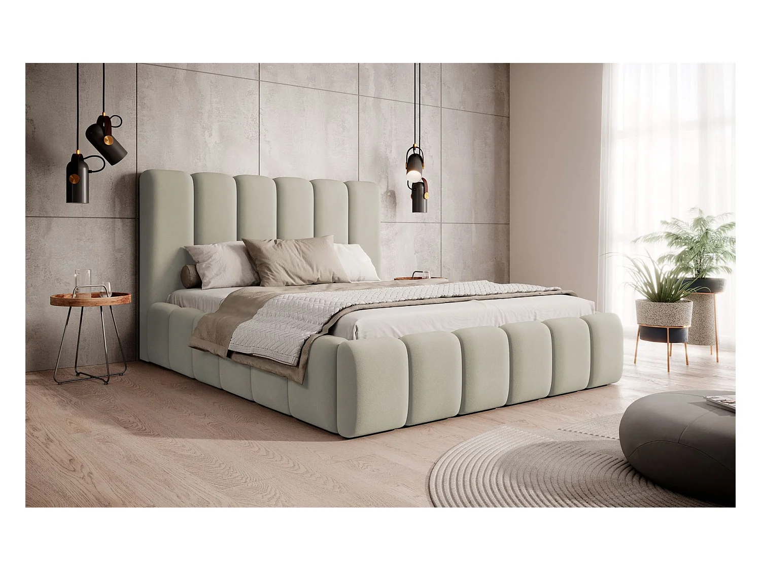 Lit coffre - 140x200 cm - en tissu velours grége - BISCOTTINO