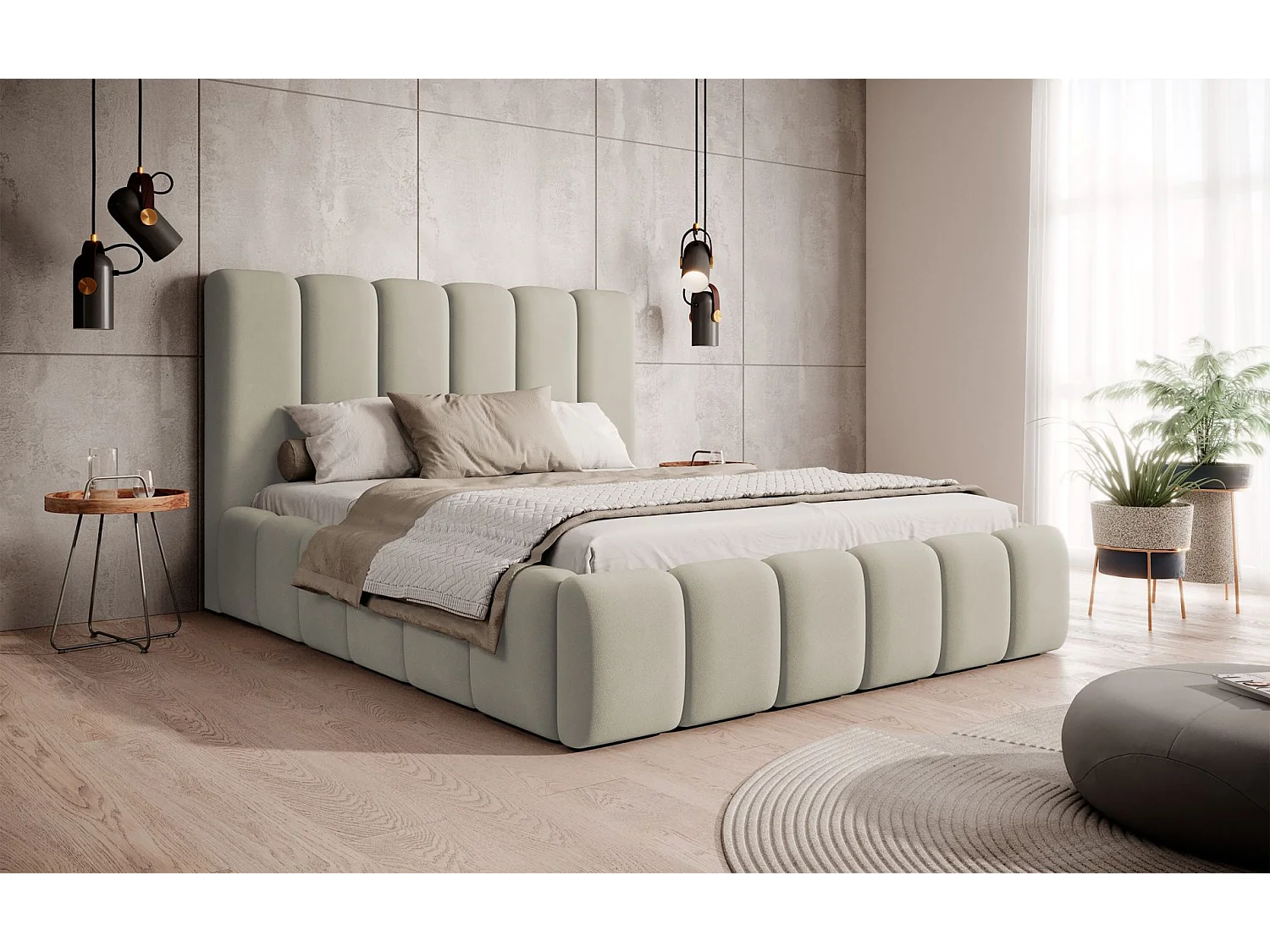 Lit coffre - 140x200 cm - en tissu velours grége - BISCOTTINO