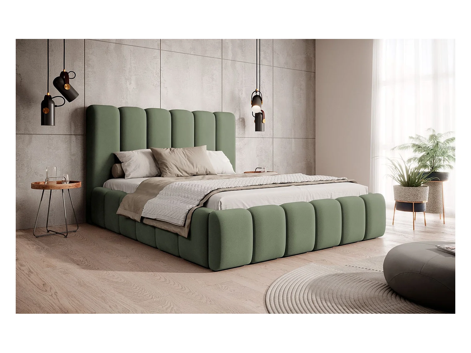 Lit coffre - 180x200 cm - en tissu velours vert sauge - BISCOTTINO