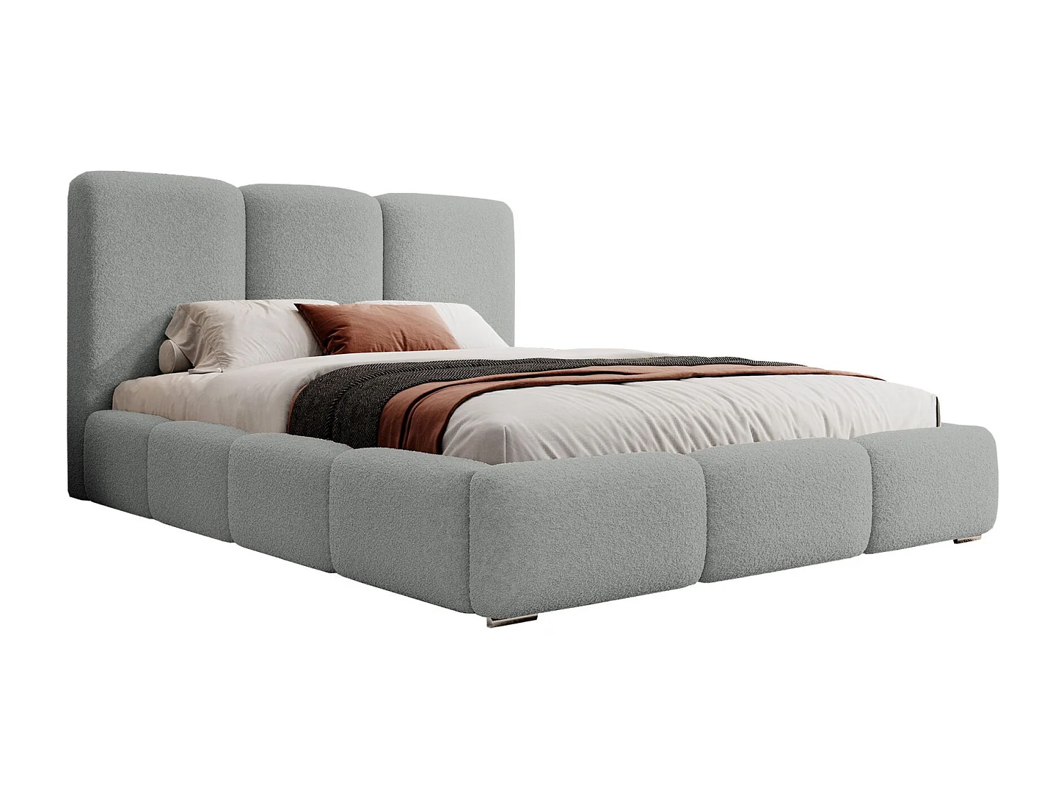 Lit coffre - 160x200 cm - en bouclette gris clair - BAURO