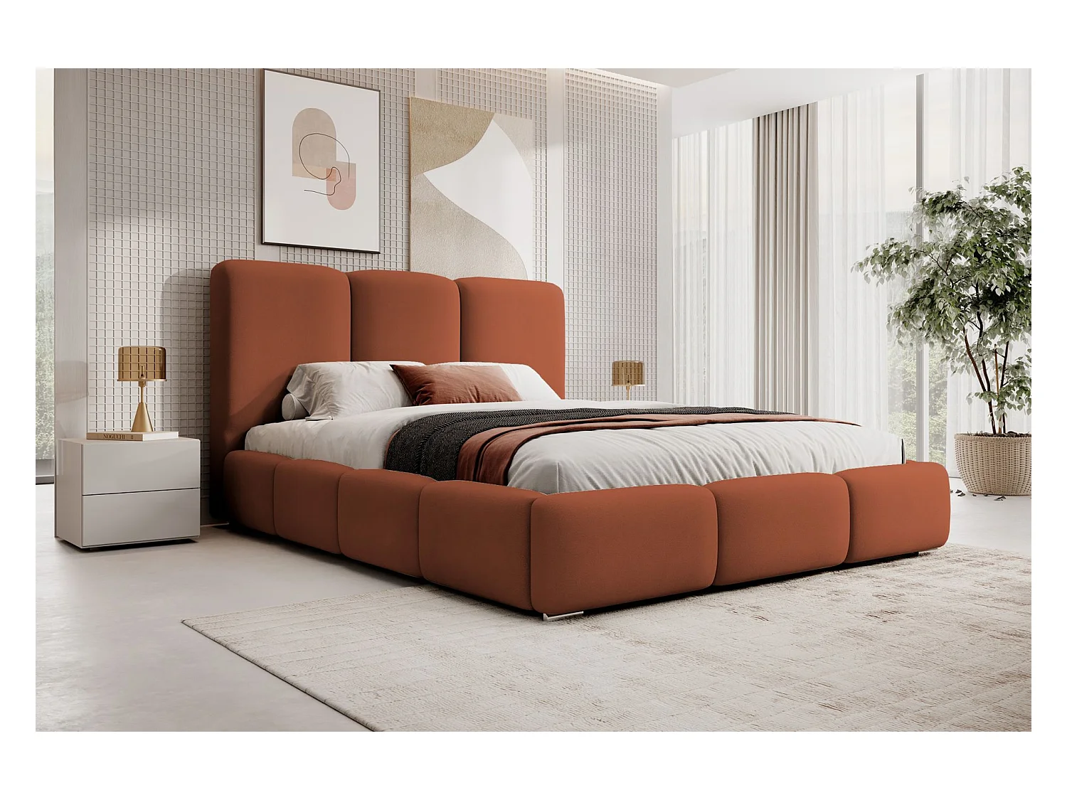 Lit coffre -140x200 cm - en tissu velours orange - BAURO