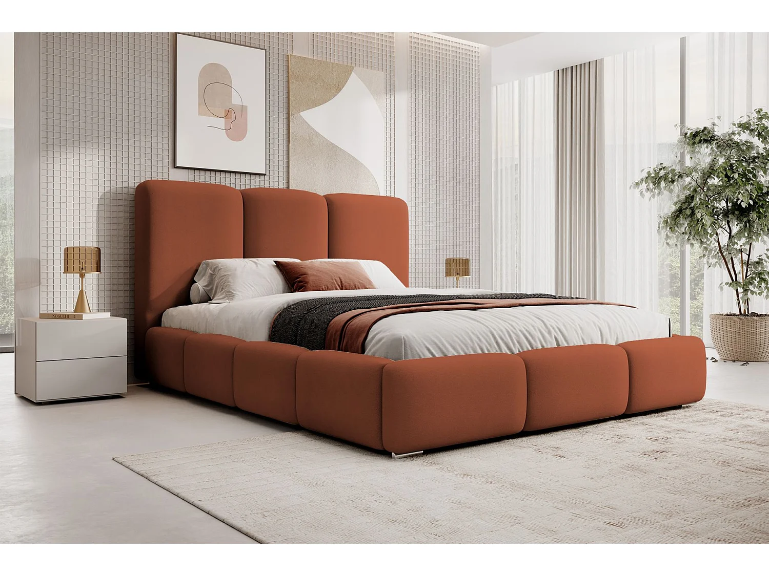 Lit coffre -140x200 cm - en tissu velours orange - BAURO