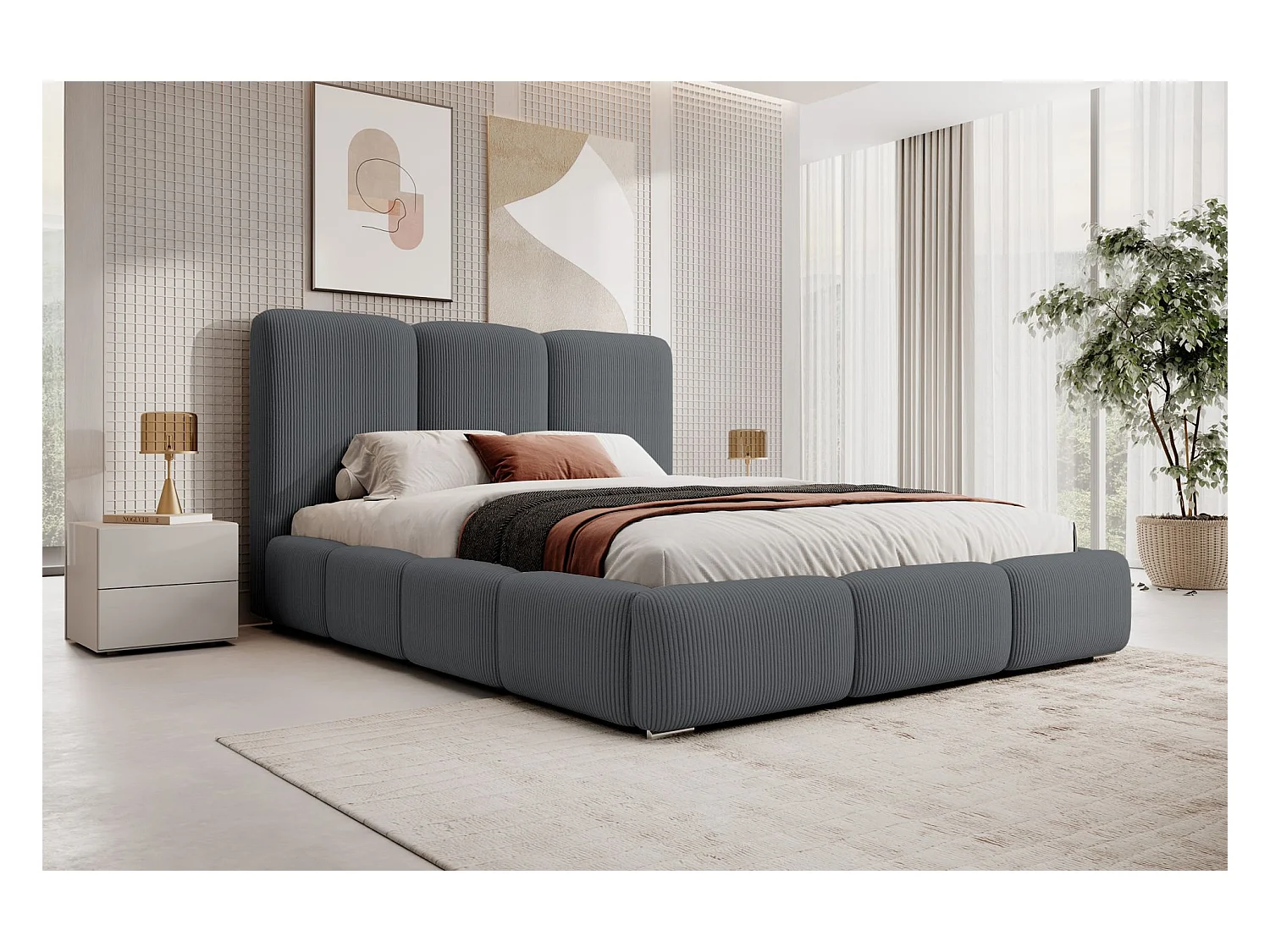Lit coffre - 180x200 cm - en velours côtelé gris foncé - BAURO