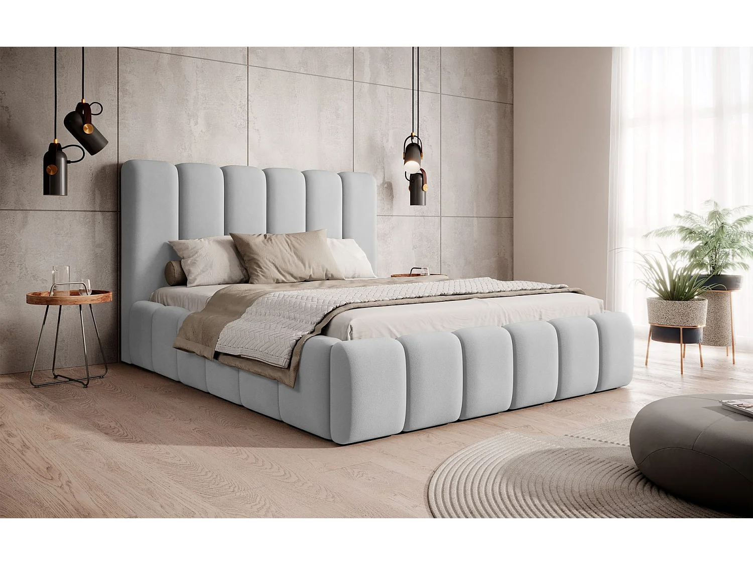 Lit coffre - 160x200 cm - en tissu velours gris clair - BISCOTTINO