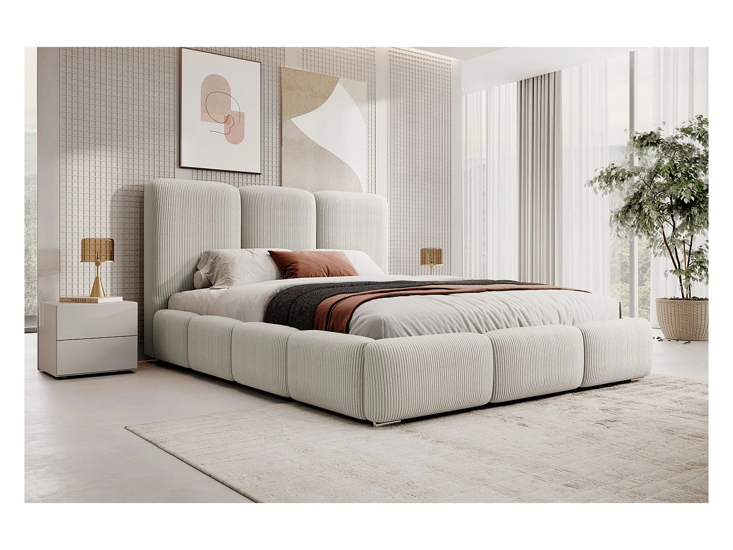 Lit coffre - 180x200 cm - en velours côtelé gris-beige - BAURO