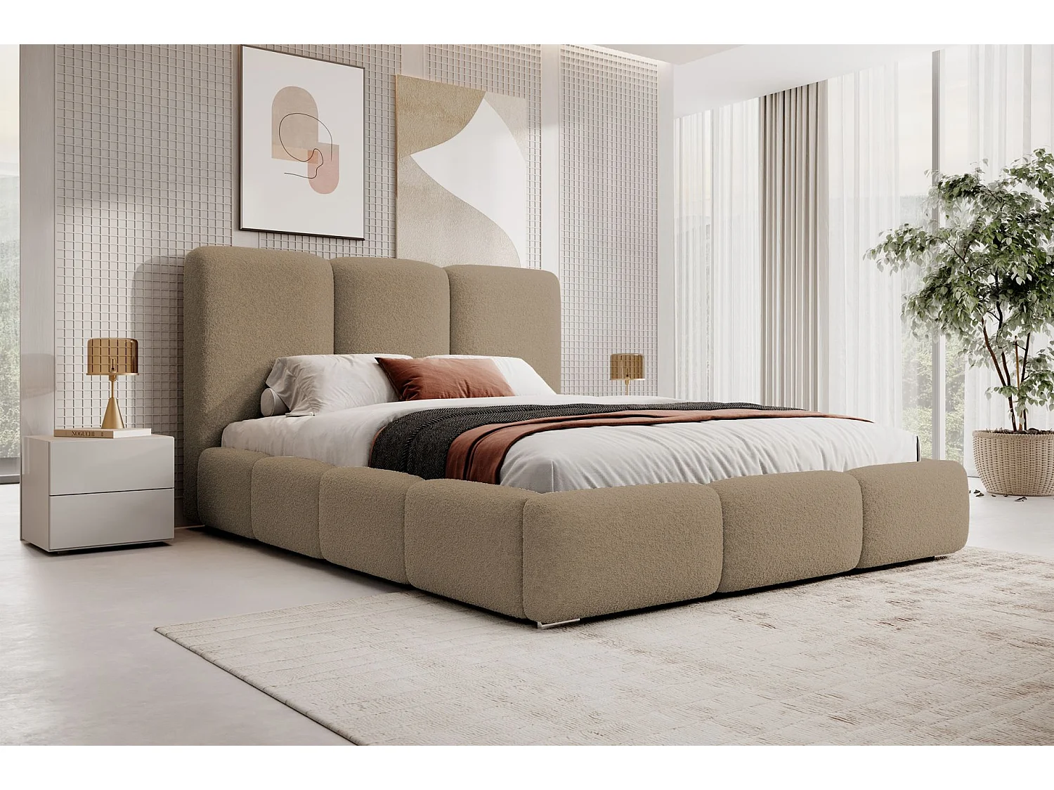 Lit coffre - 160x200 cm - en bouclette marron clair - BAURO