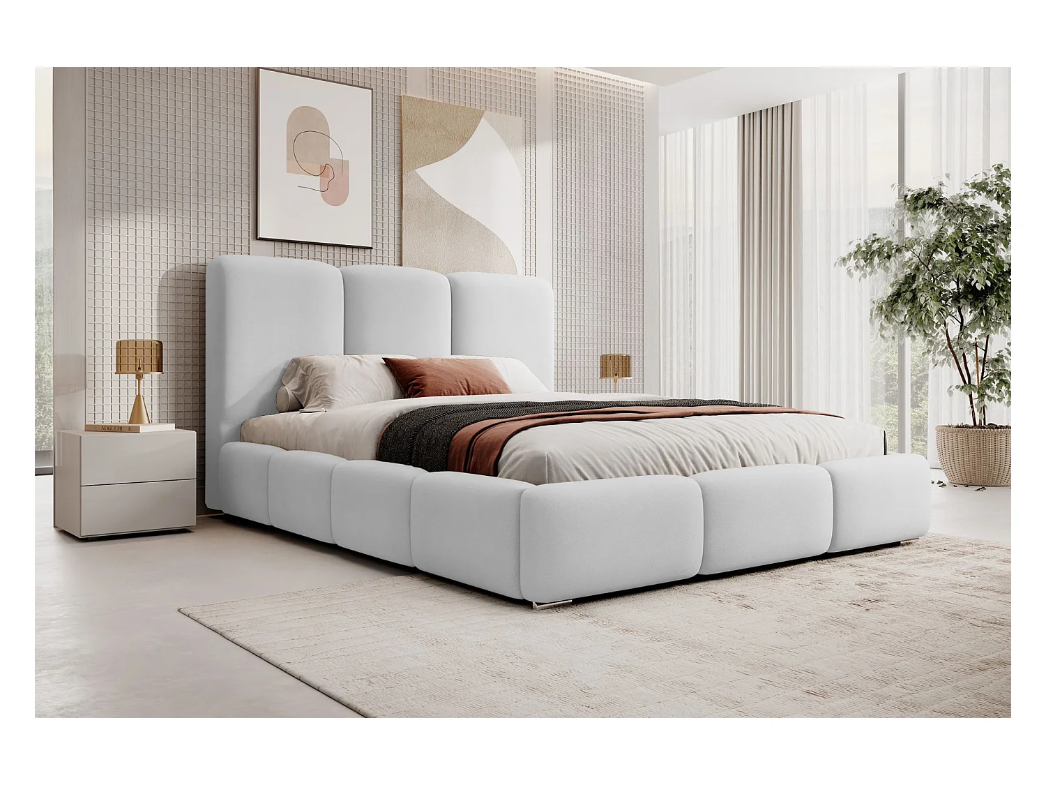 Lit coffre - 180x200 cm - en tissu velours gris clair - BAURO