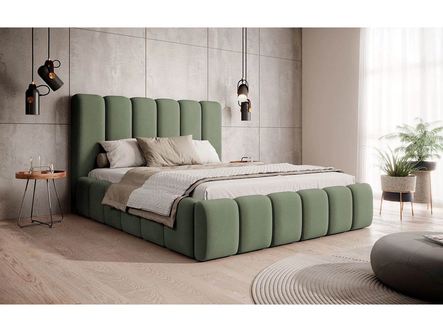 Lit coffre - 140x200 cm - en tissu velours vert sauge - BISCOTTINO