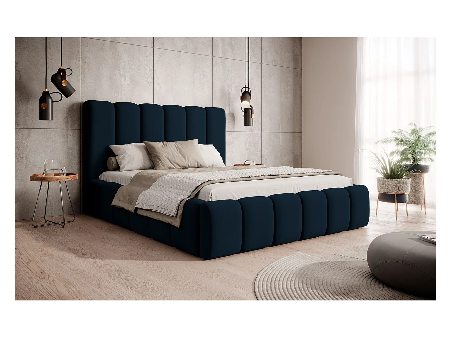 Lit coffre - 180x200 cm - en tissu velours marine - BISCOTTINO