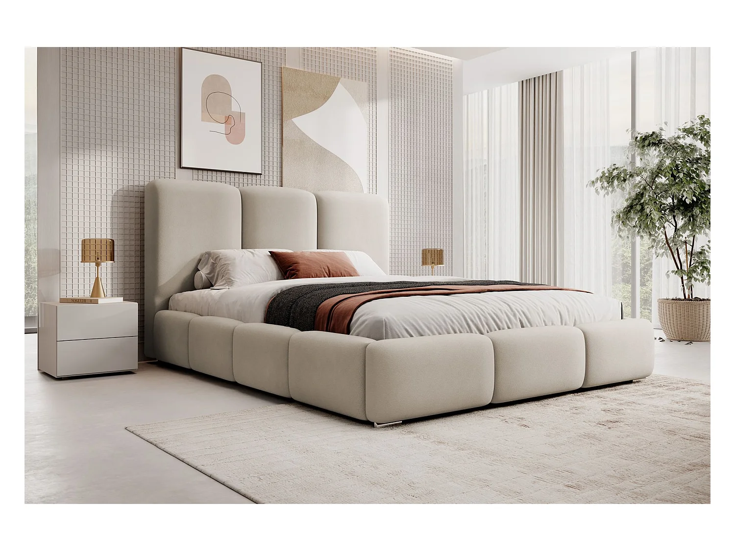 Lit coffre - 180x200 cm - en tissu velours gris beige - BAURO
