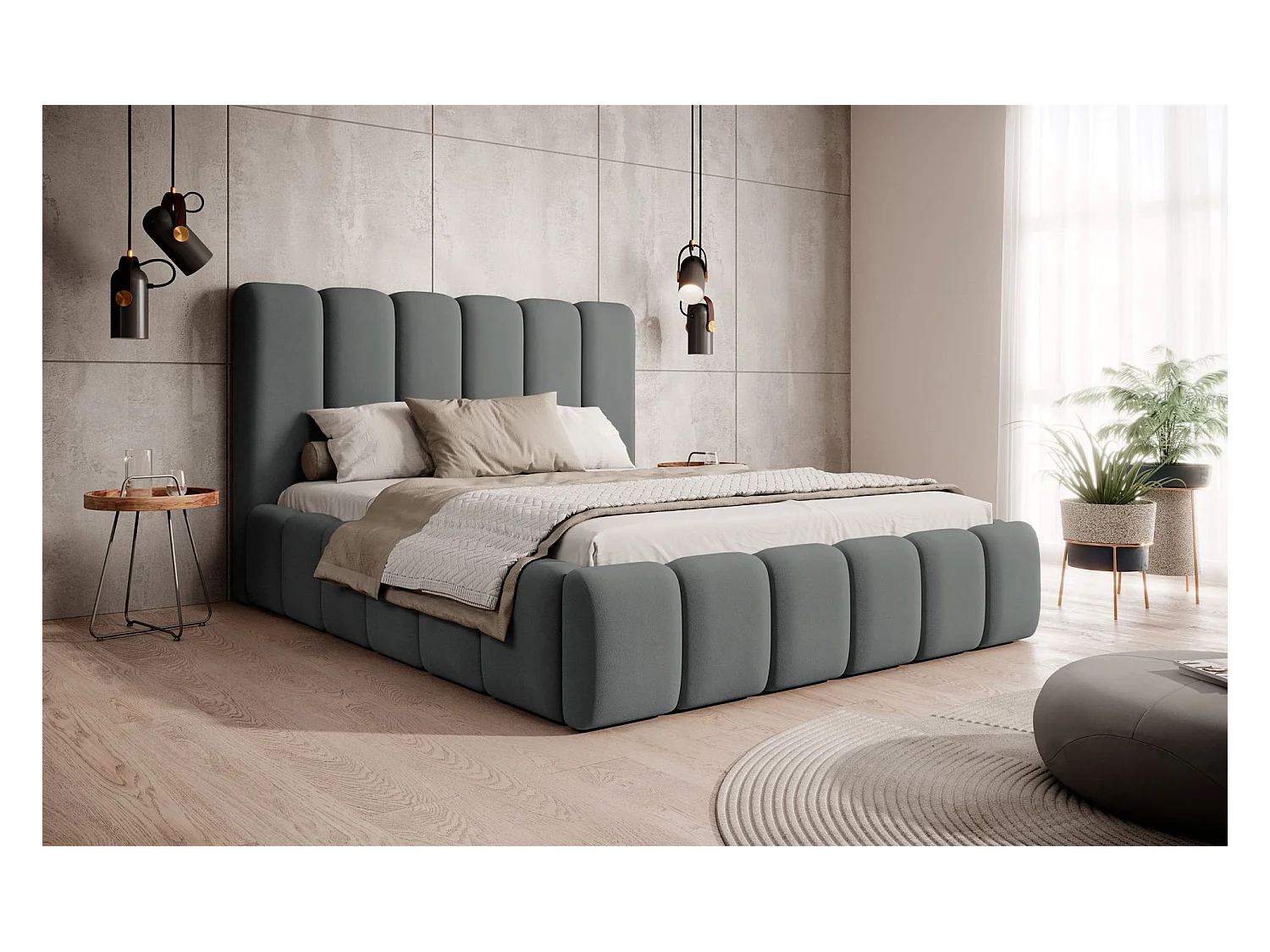 Lit coffre - 180x200 cm - en tissu velours gris - BISCOTTINO