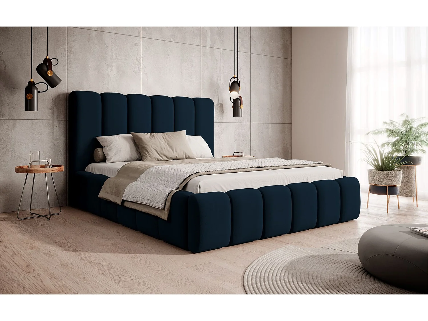 Lit coffre - 160x200 cm - en tissu velours marine - BISCOTTINO