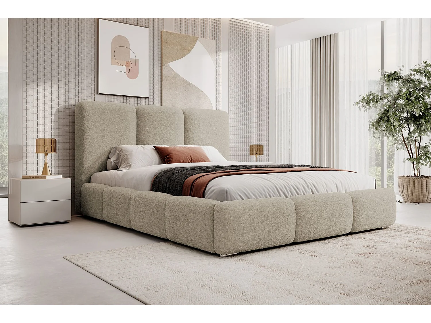 Lit coffre - 140x200 cm - en bouclette beige clair - BAURO