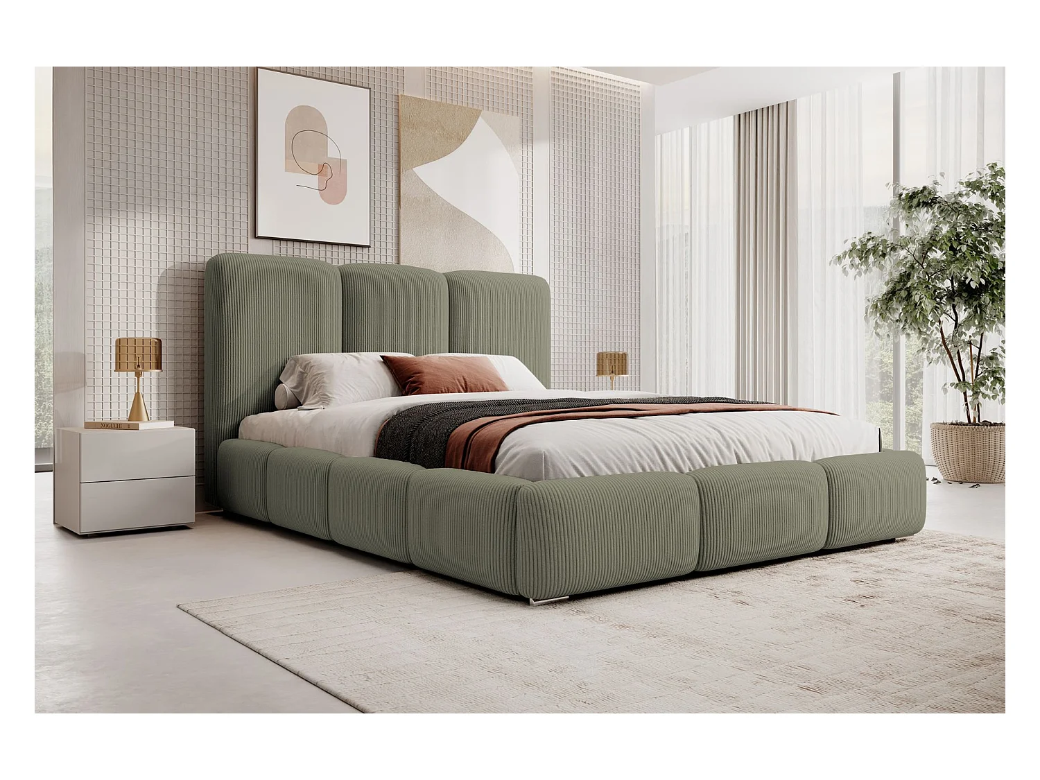 Lit coffre - 180x200 cm - en velours côtelé olive - BAURO