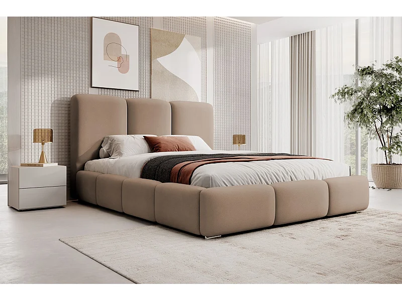 Opbergbed - 140x200 cm - in lichtbruine fluwelen stof - BAURO