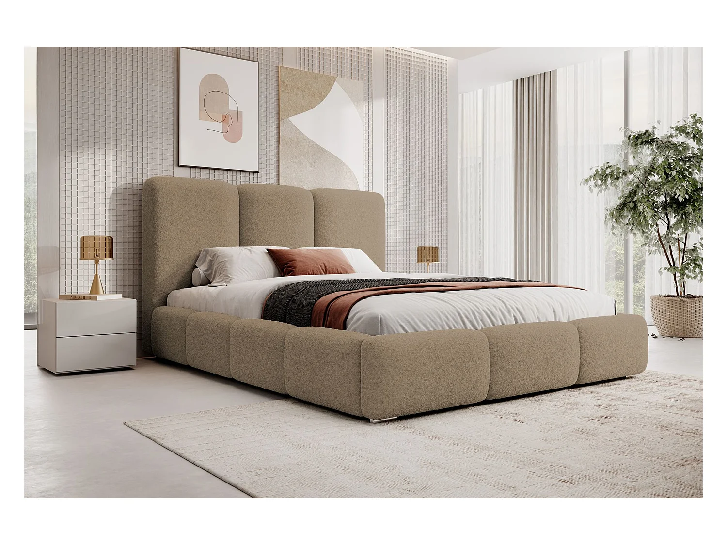 Lit coffre - 180x200 cm - en bouclette marron clair - BAURO