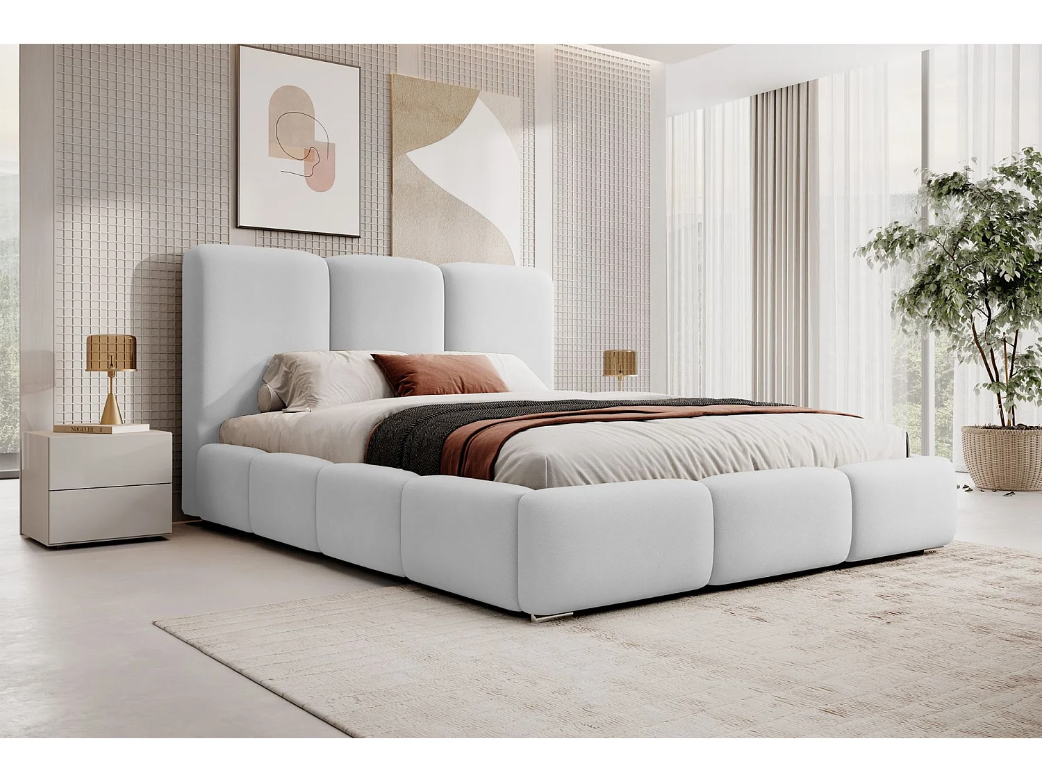 Lit coffre - 160x200 cm - en tissu velours gris clair - BAURO
