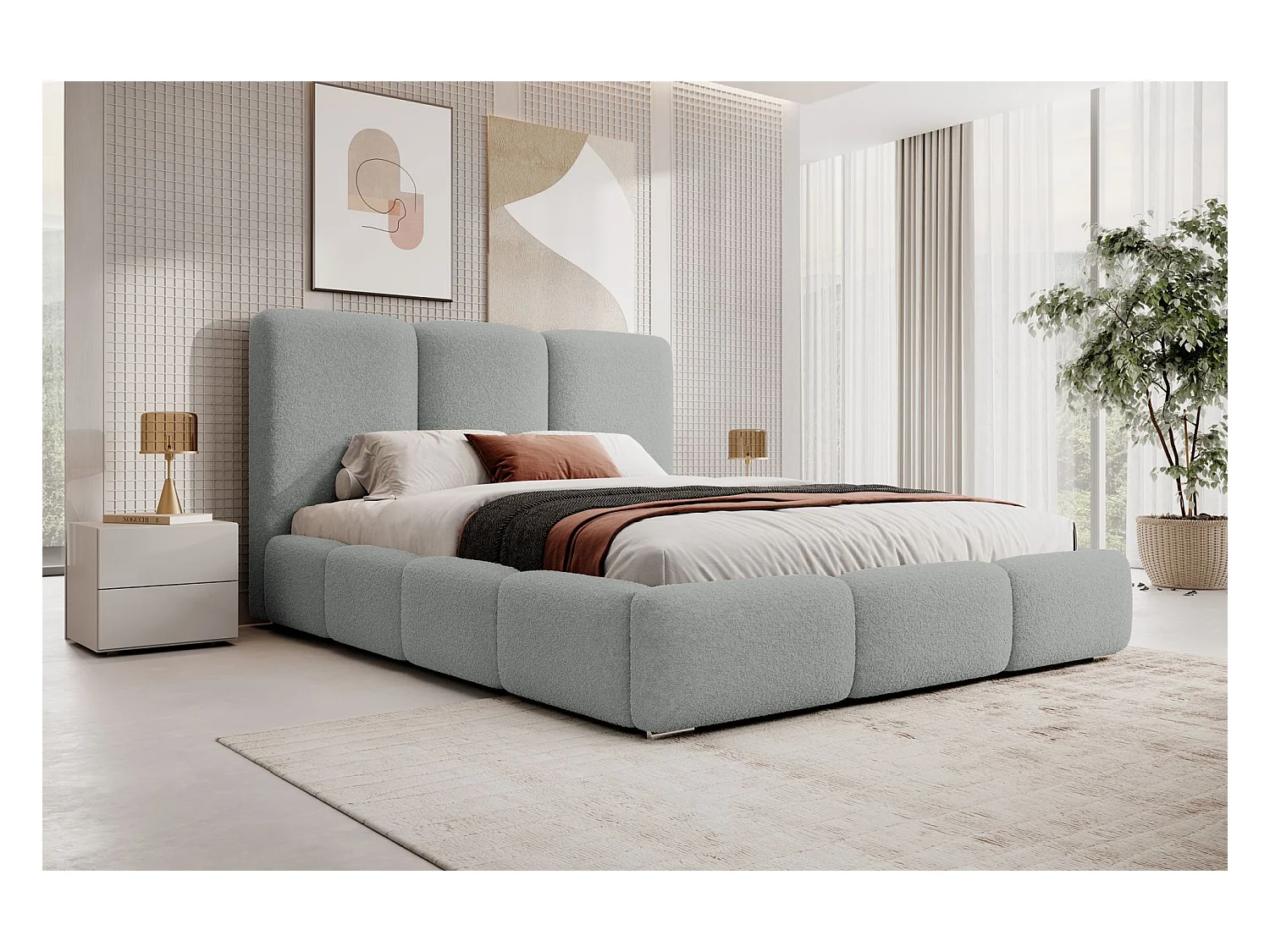 Lit coffre - 140x200 cm - en bouclette gris clair - BAURO