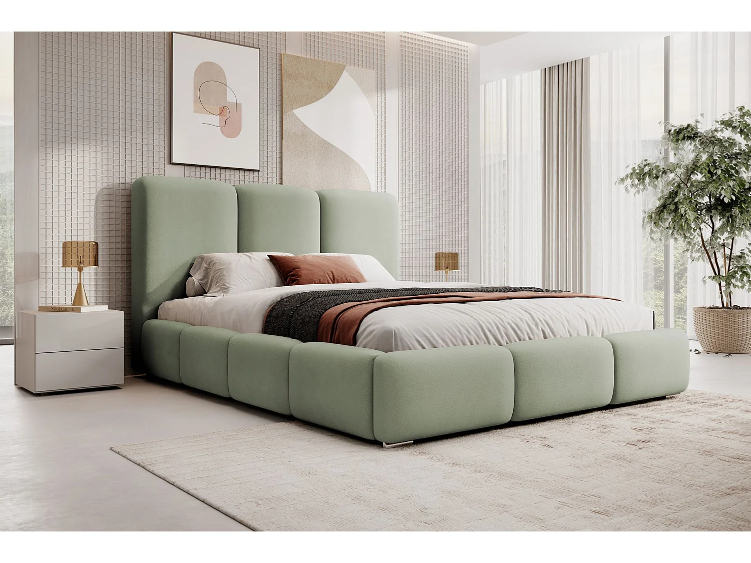 Lit coffre - 140x200 cm - en tissu velours vert sauge - BAURO