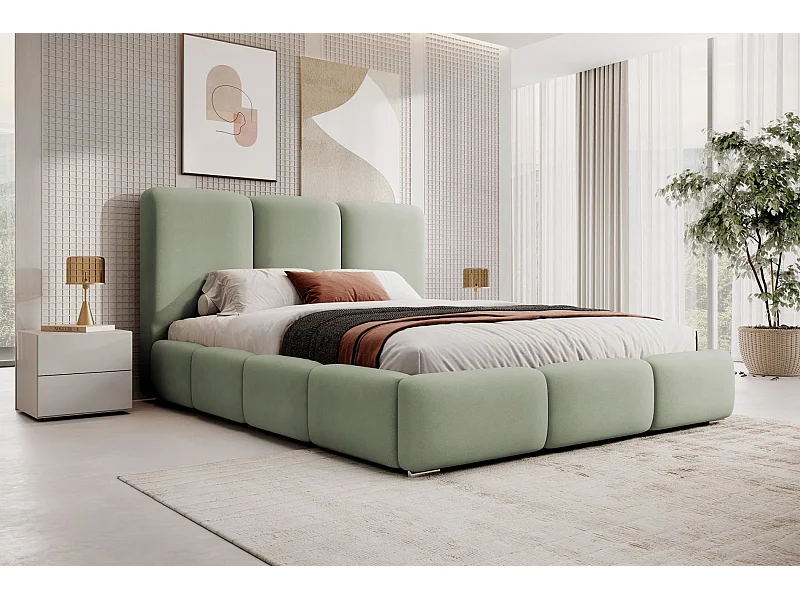 Lit coffre - 140x200 cm - en tissu velours vert sauge - BAURO