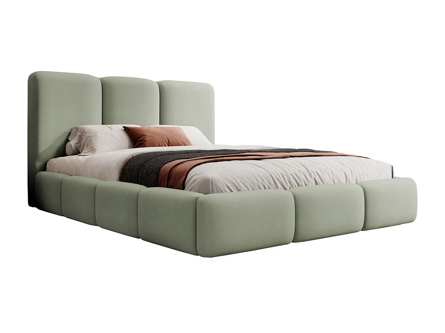 Lit coffre - 160x200 cm - en tissu velours vert sauge - BAURO