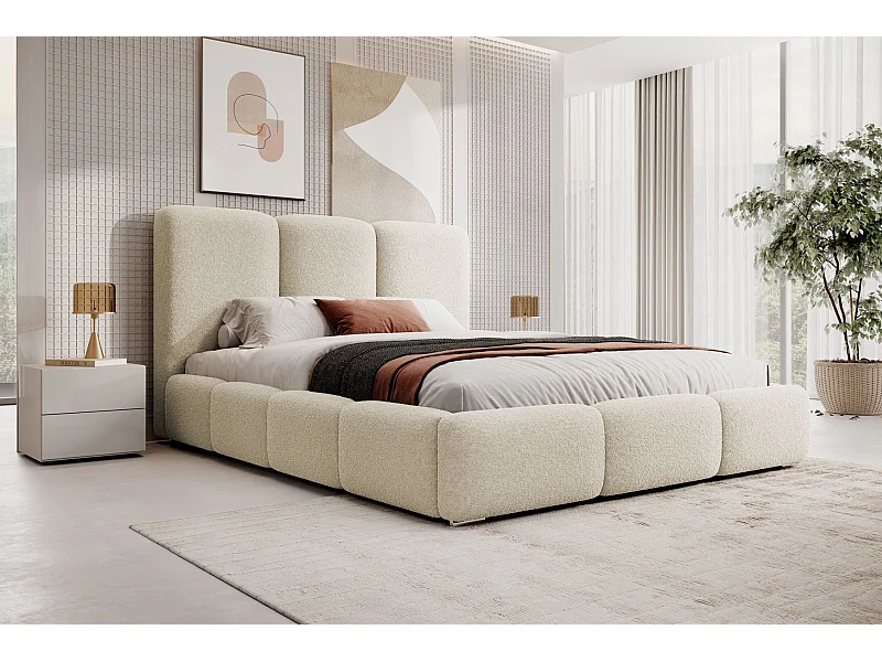 Polsterbett 180x200 - mit Stauraum und Bouclé-Bezug - creme - BAURO