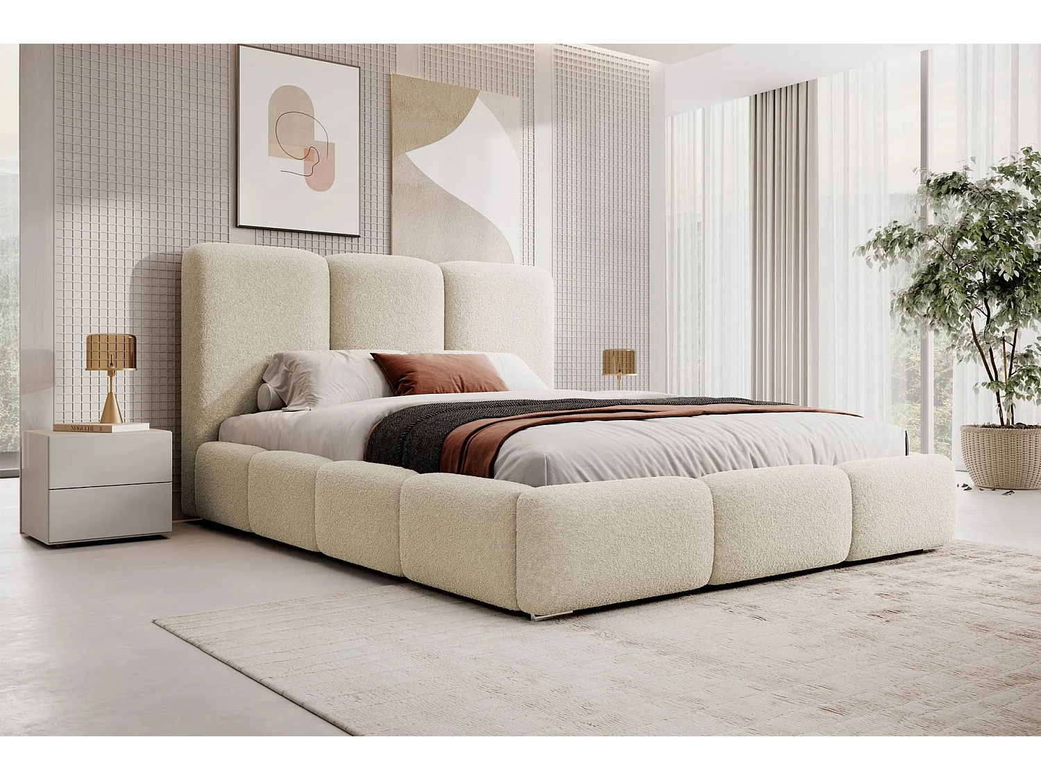 Polsterbett 180x200 - mit Stauraum und Bouclé-Bezug - creme - BAURO