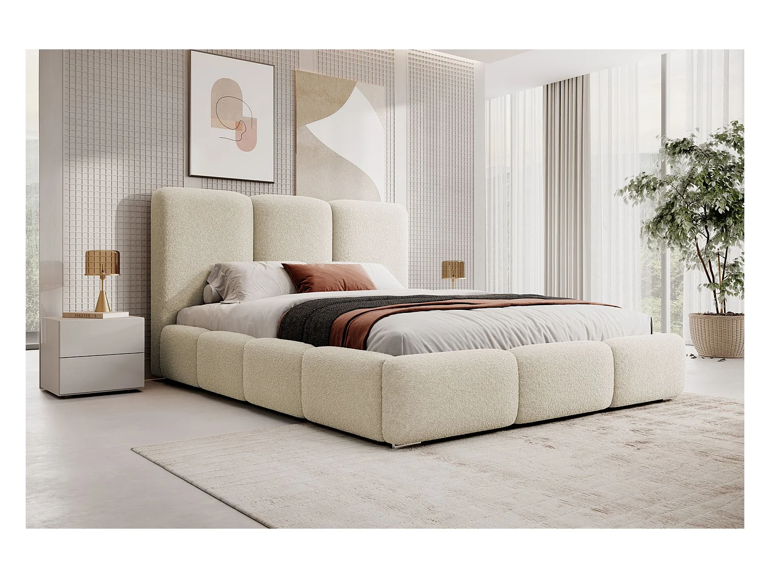 Lit coffre - 180x200 cm - en bouclette créme - BAURO