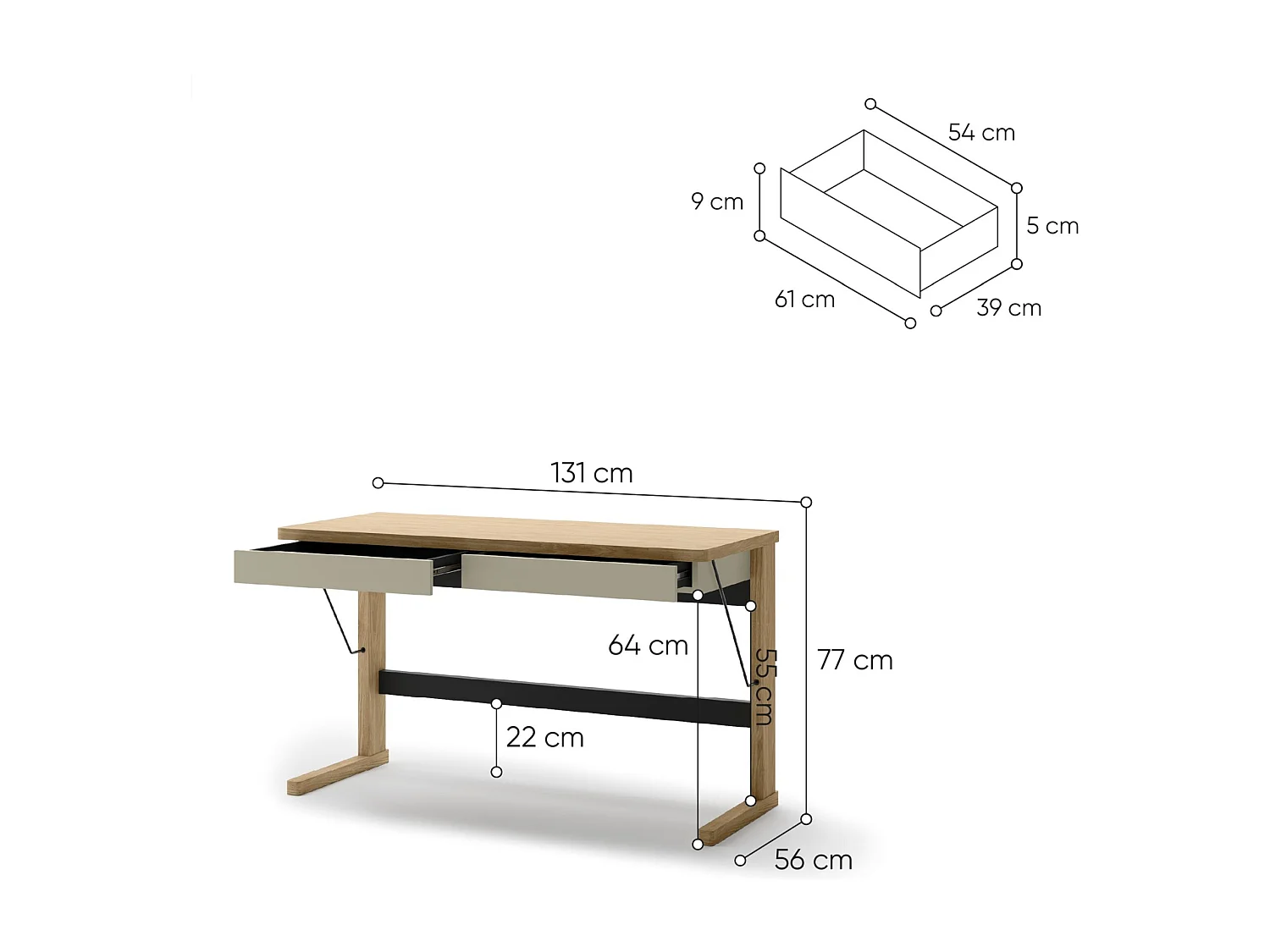 Bureau avec 2 tiroirs - 131 cm - chêne huilé - OLLIE