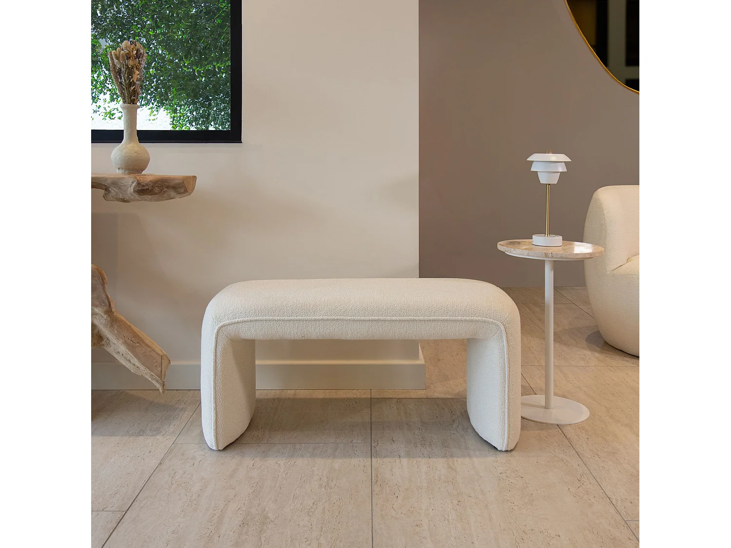 Now's Home - Banc En Tissu Bouclette Ecru Avec Surpiqure 100x41x44cm  Malo
