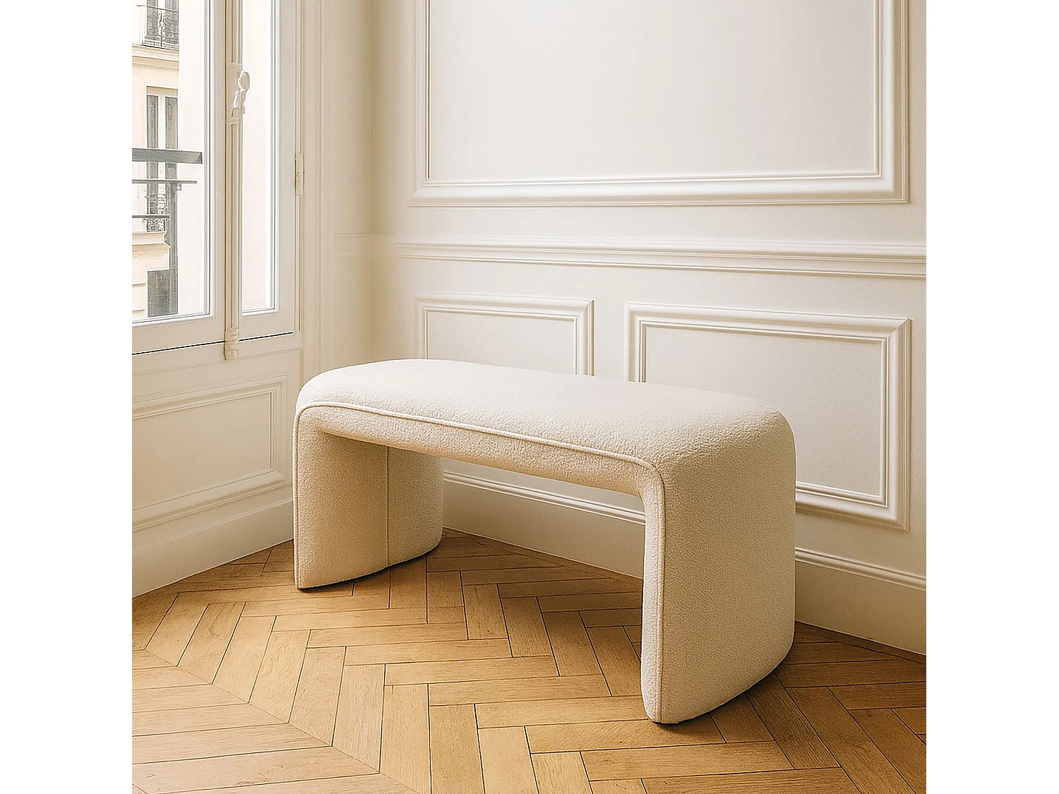 Now's Home - Banc En Tissu Bouclette écru Avec Surpiqure 100x41x44cm  Malo