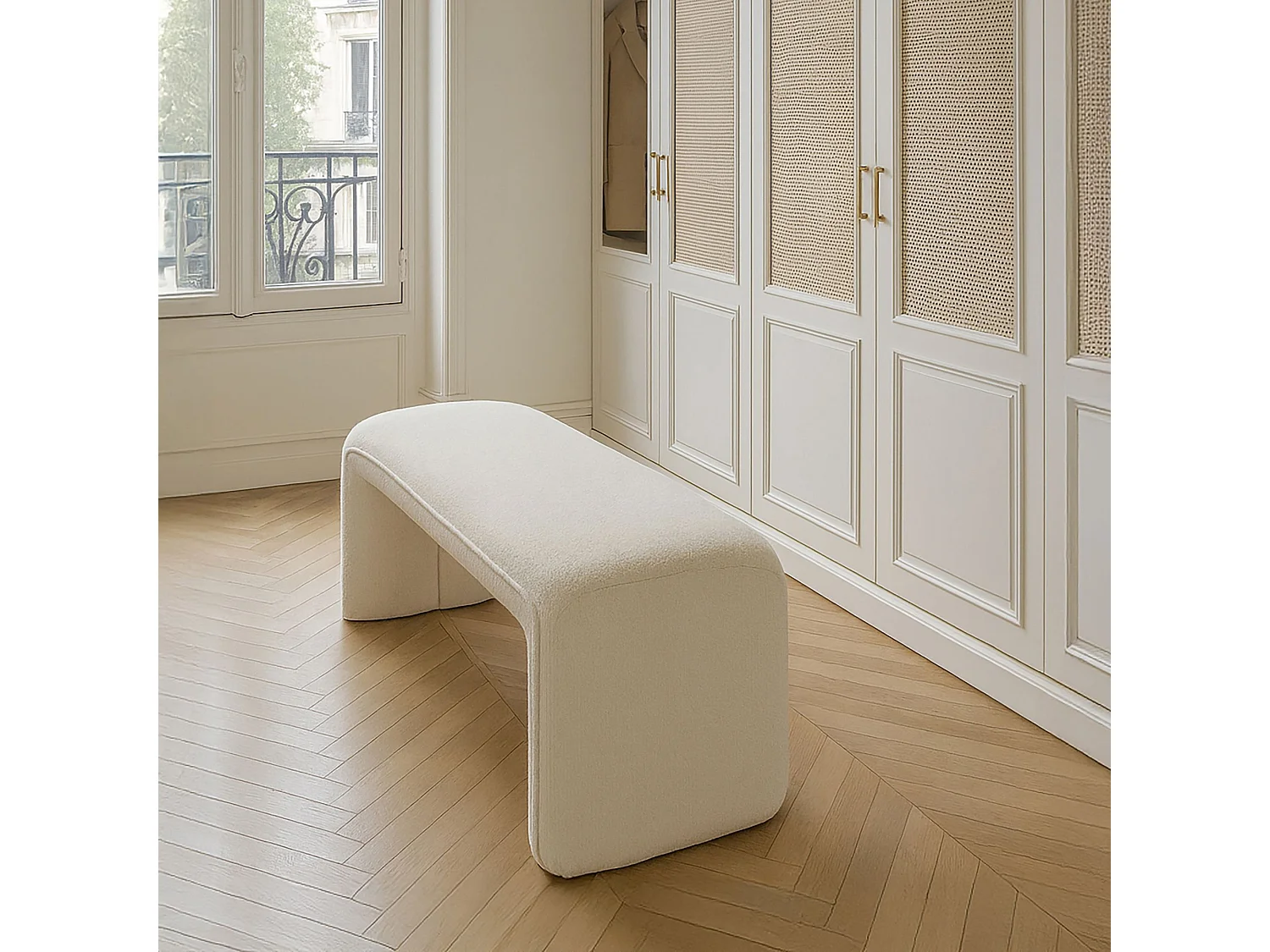 Now's Home - Banc En Tissu Bouclette écru Avec Surpiqure 100x41x44cm  Malo