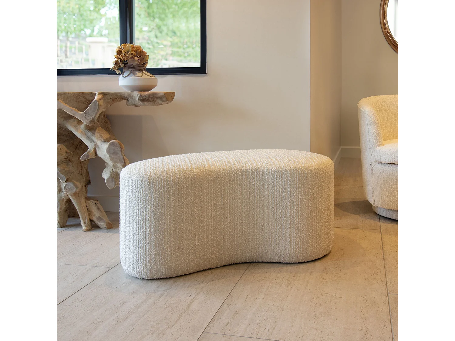 Now's Home - Banc Incurve  Bouclette Ecru  Sturcture Bois 101x56x47cm Malo