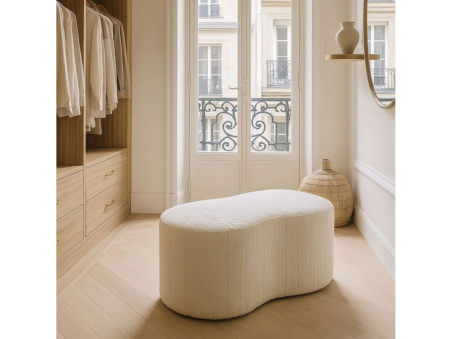 Now's Home - Banc Incurvé  Bouclette écru  Sturcture Bois 101x56x47cm Malo