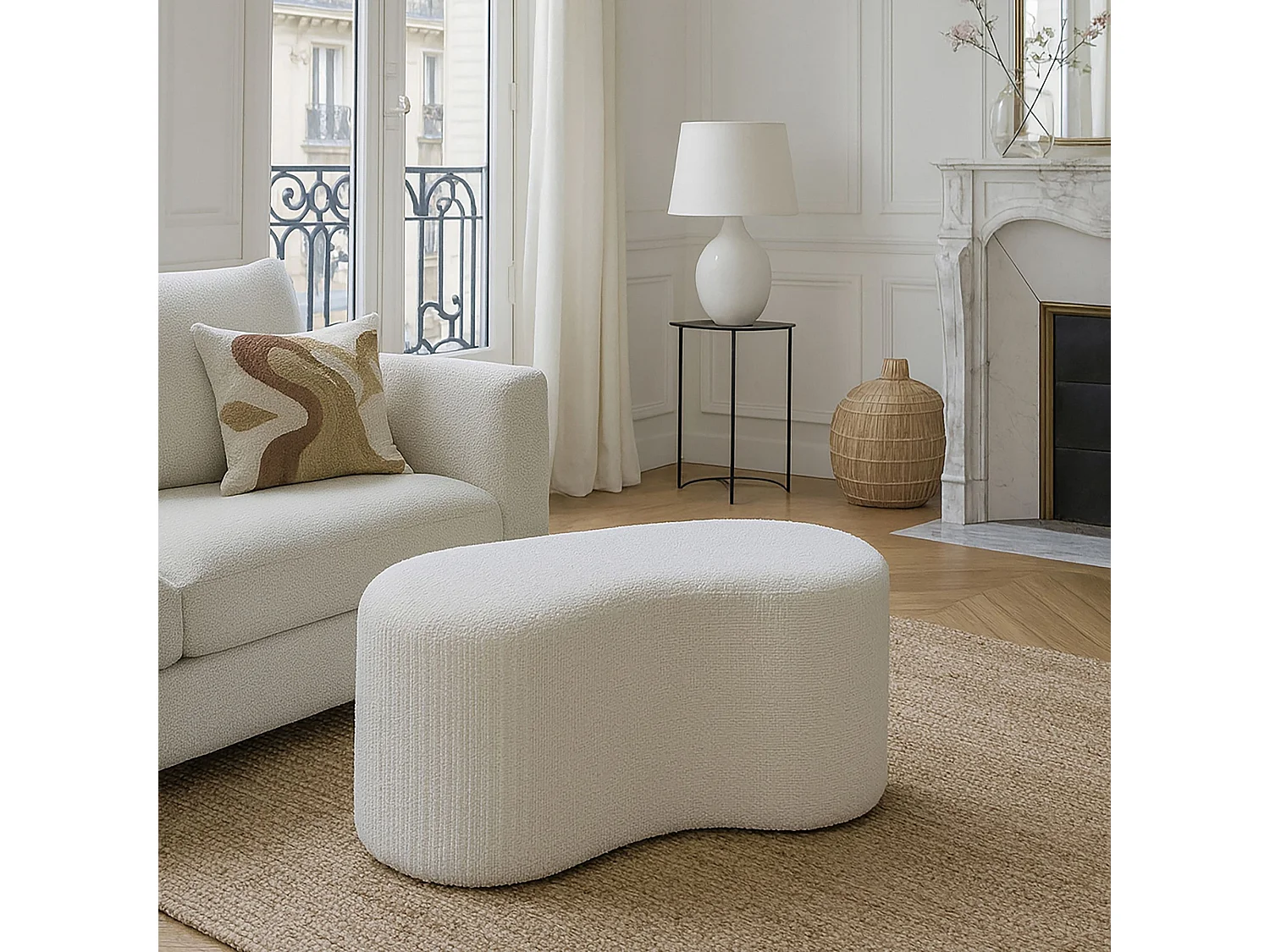 Now's Home - Banc Incurvé  Bouclette écru  Sturcture Bois 101x56x47cm Malo