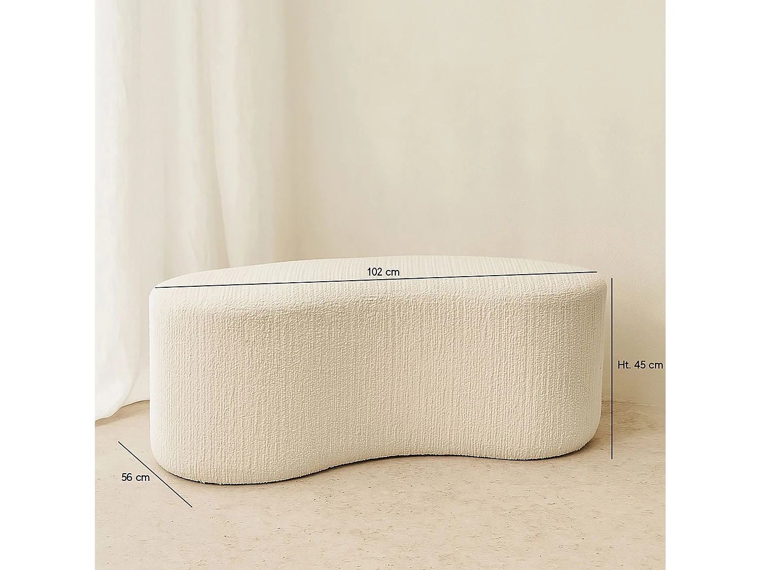 Now's Home - Banc Incurvé  Bouclette écru  Sturcture Bois 101x56x47cm Malo