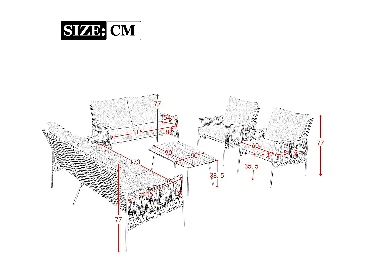 Tuinmeubilair 7 zitplaatsen, met Matras 8cm en kussen, salontafel met gehard glas houtnerf, Beige