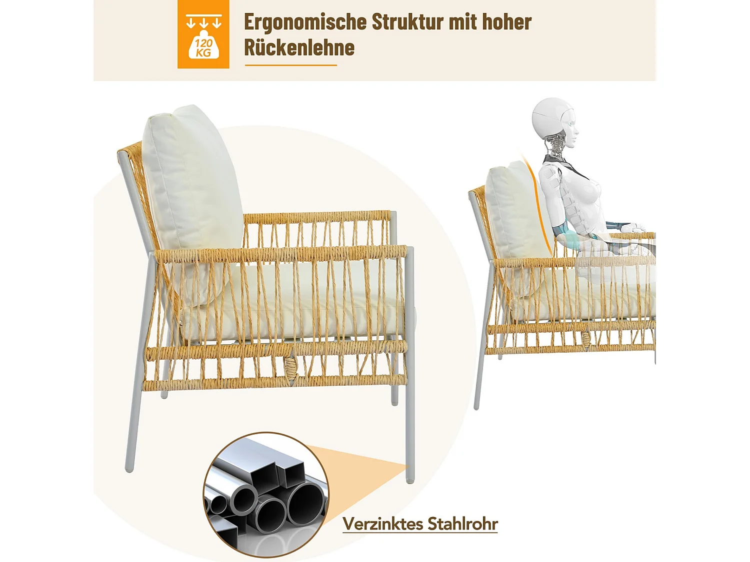 Tuinmeubilair 7 zitplaatsen, met Matras 8cm en kussen, salontafel met gehard glas houtnerf, Beige