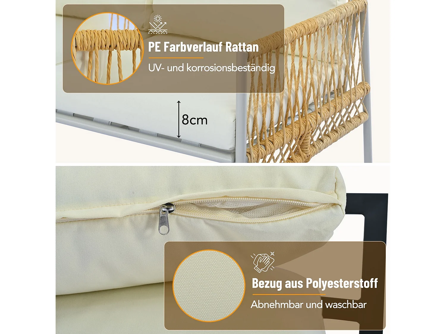 Tuinmeubilair 7 zitplaatsen, met Matras 8cm en kussen, salontafel met gehard glas houtnerf, Beige