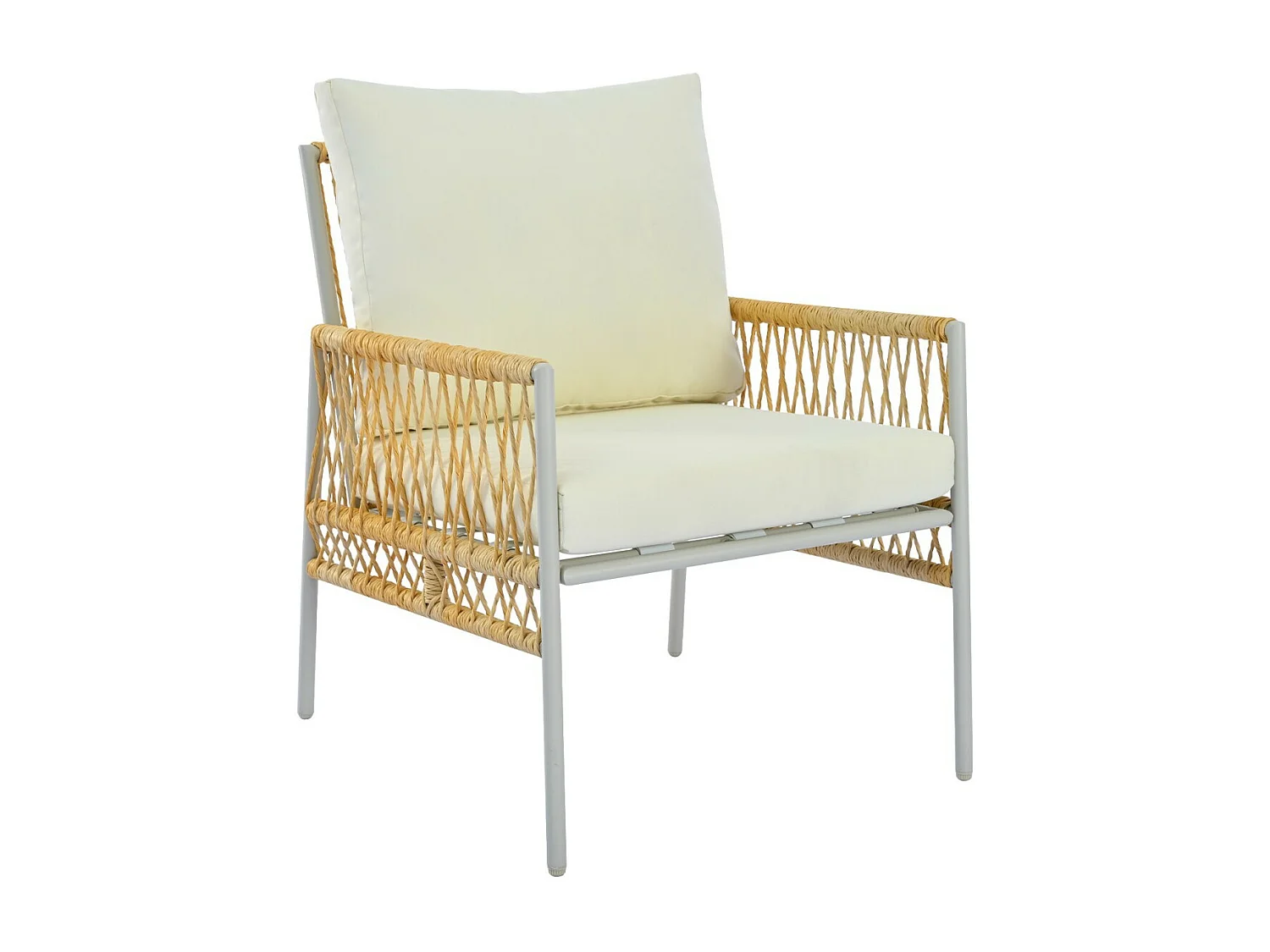 Tuinmeubilair 7 zitplaatsen, met Matras 8cm en kussen, salontafel met gehard glas houtnerf, Beige