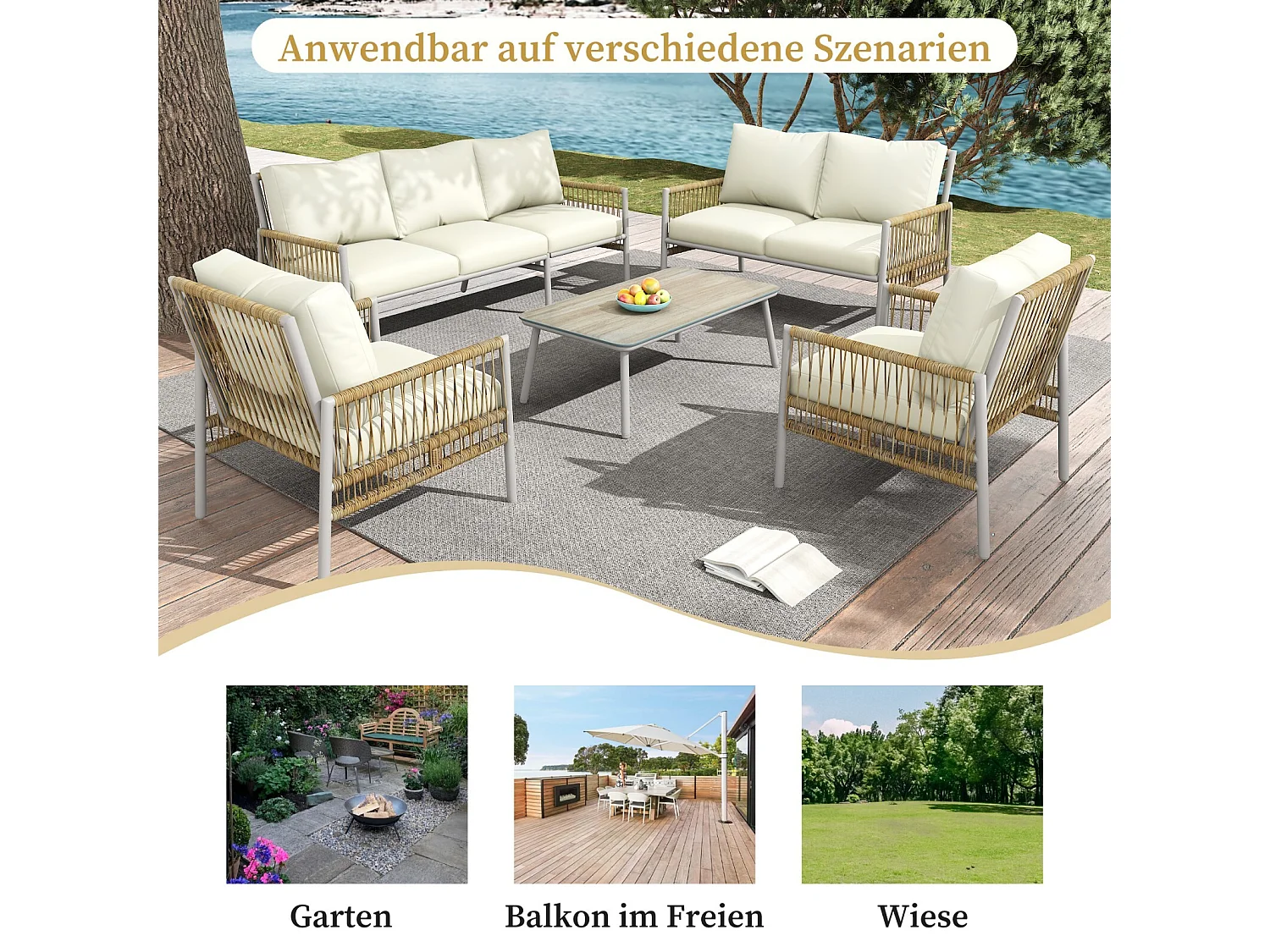 Tuinmeubilair 7 zitplaatsen, met Matras 8cm en kussen, salontafel met gehard glas houtnerf, Beige