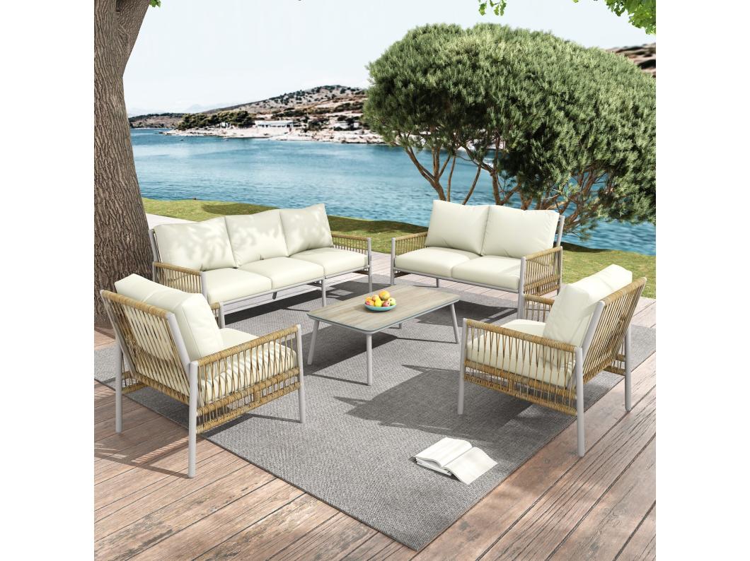 Salon de jardin 7 places, avec Matelas 8cm et oreiller, table basse avec verre durci grain de bois, Beige