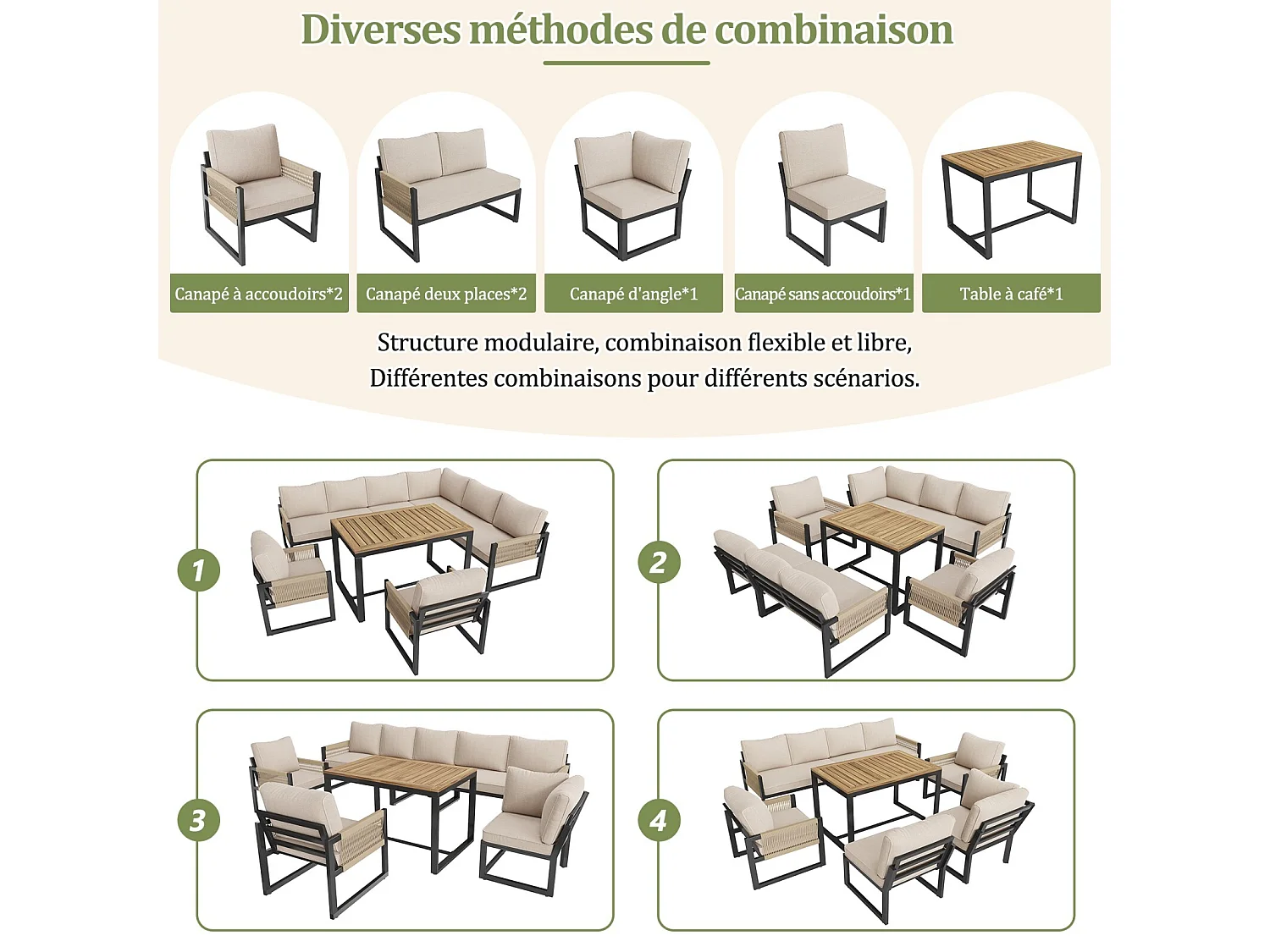 Metallgartenmöbel, modulares Sofa und Couchtisch mit 2 Sesseln, 7-8 Sitze, Beige