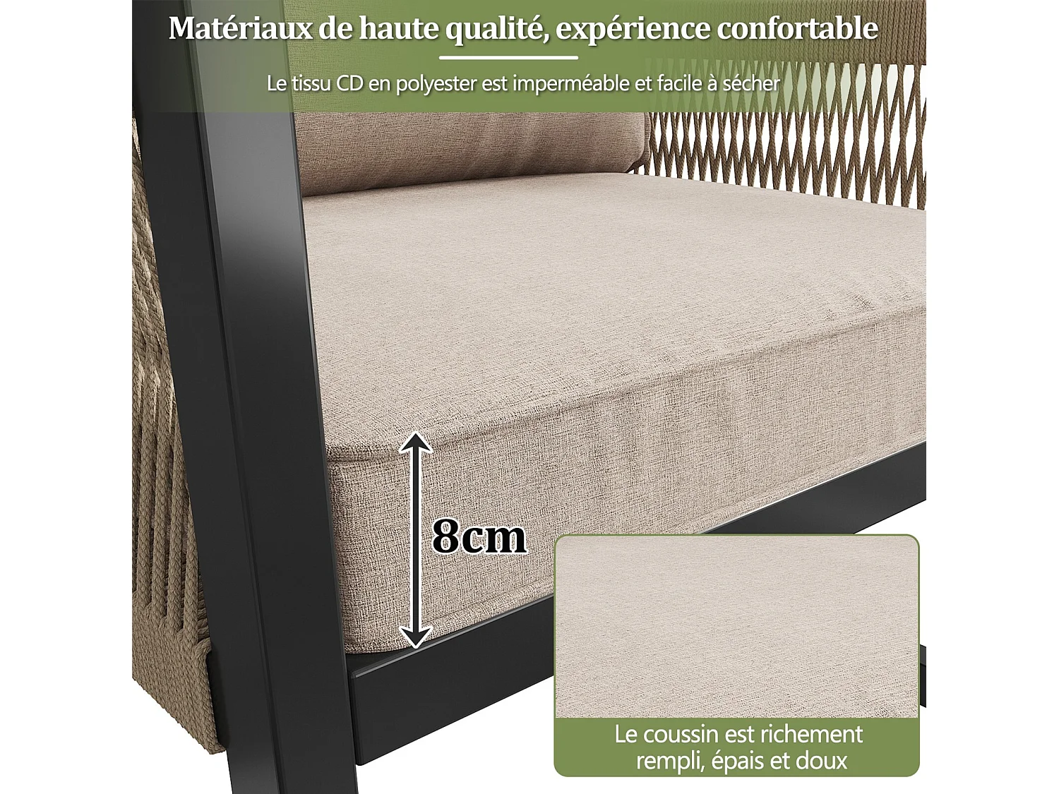 Metallgartenmöbel, modulares Sofa und Couchtisch mit 2 Sesseln, 7-8 Sitze, Beige