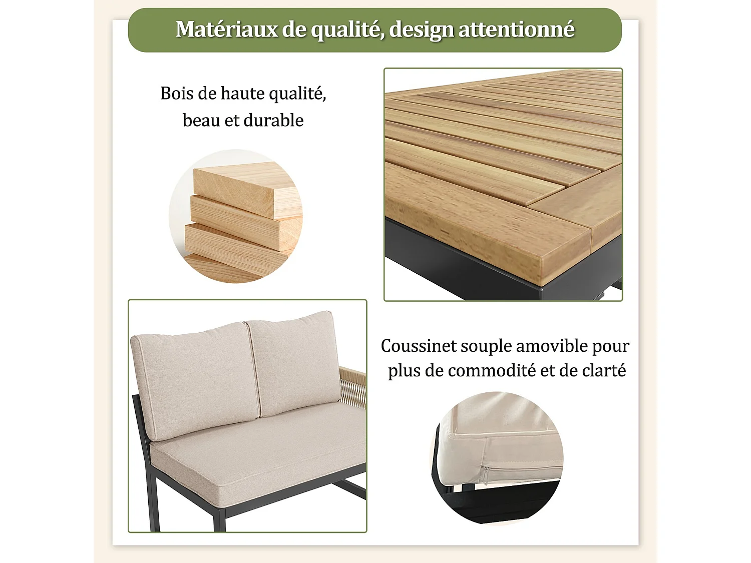 Metallgartenmöbel, modulares Sofa und Couchtisch mit 2 Sesseln, 7-8 Sitze, Beige