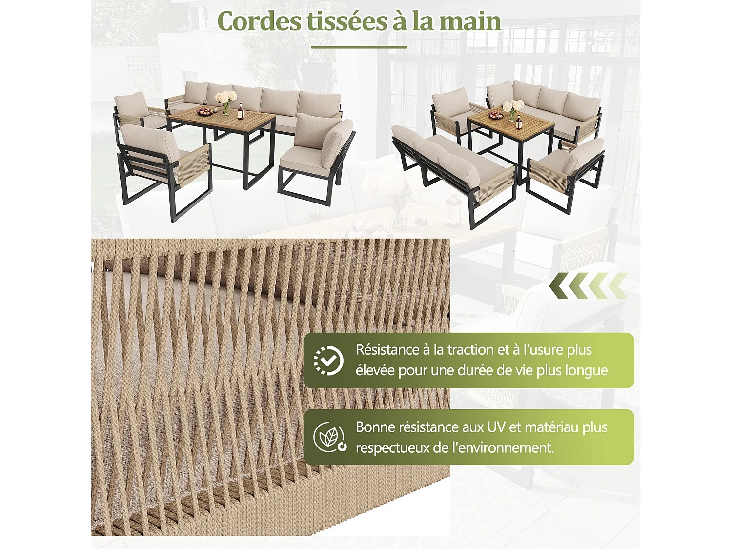 Metallgartenmöbel, modulares Sofa und Couchtisch mit 2 Sesseln, 7-8 Sitze, Beige